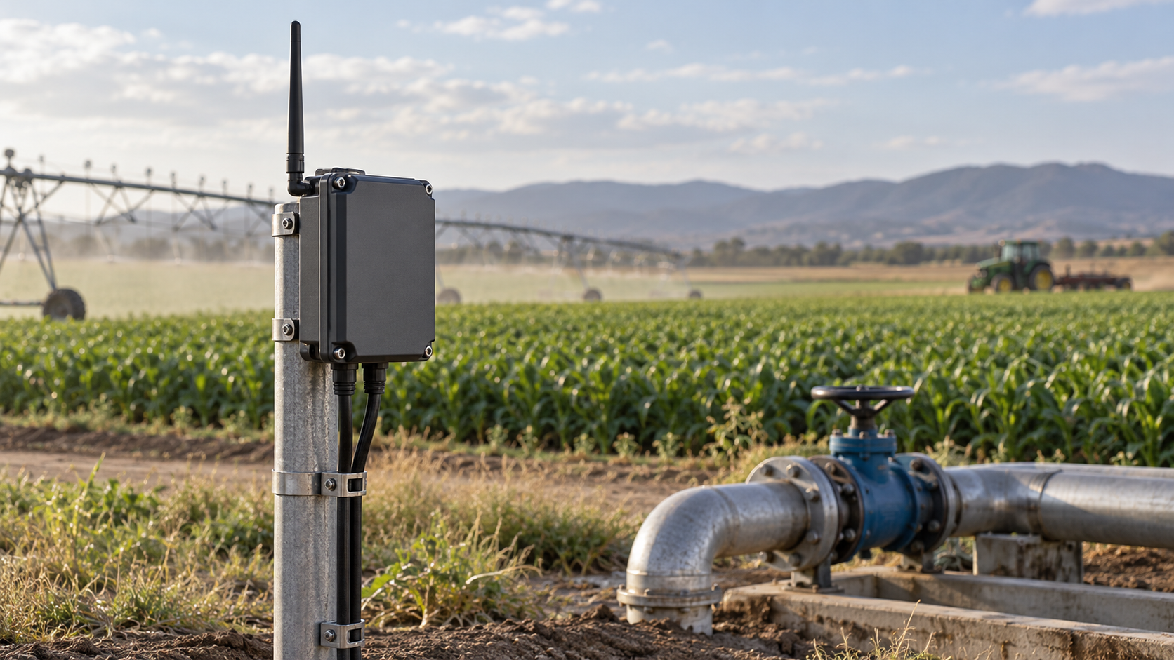 Sensor gateway beside irrigation equipment and agricultural fields