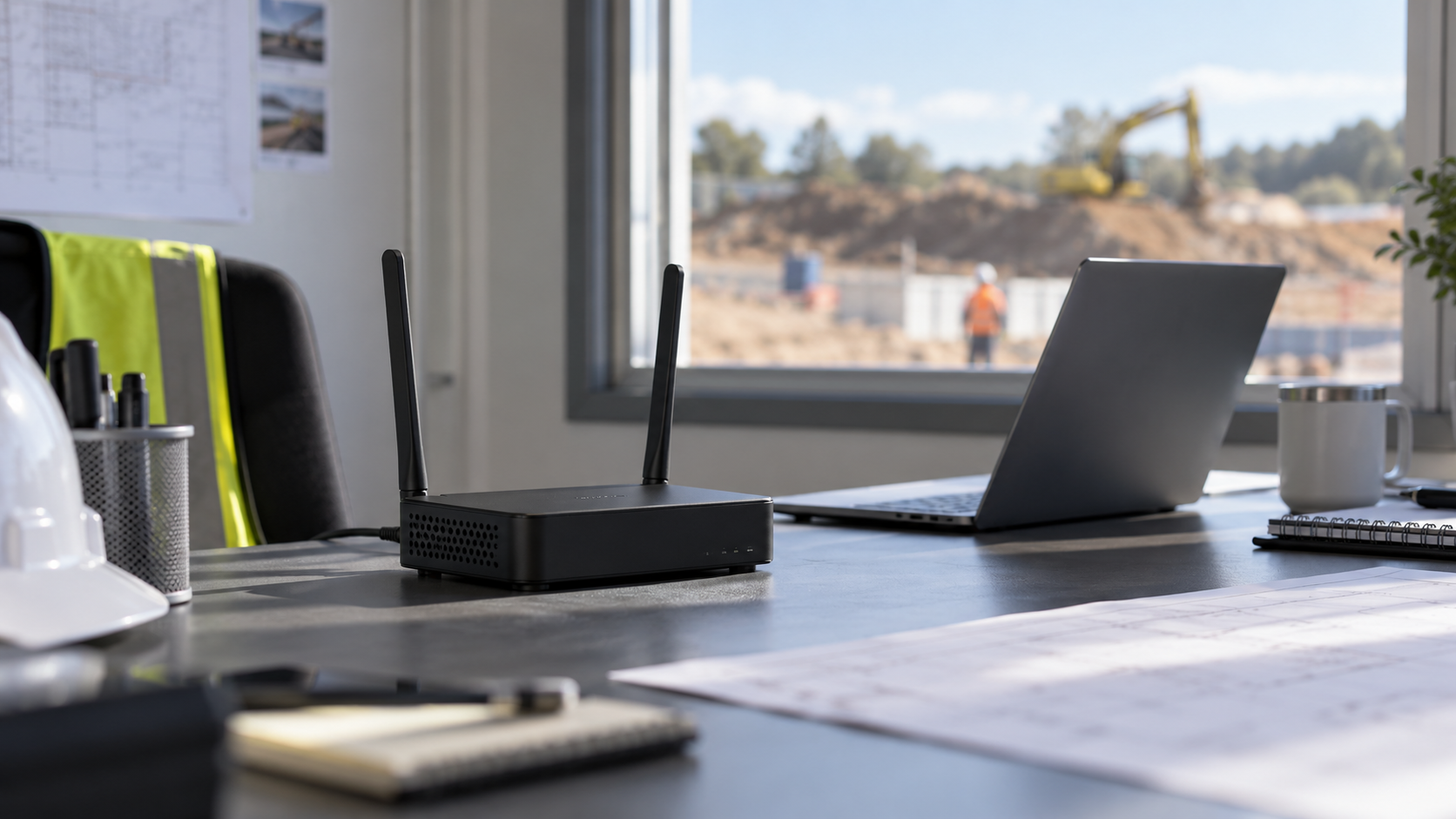 Cellular router with antennas in a temporary site office