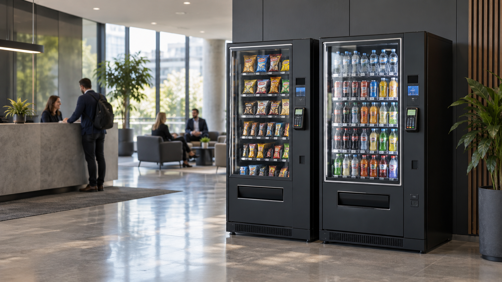 Snack and drink vending machines with payment readers in a workplace lobby