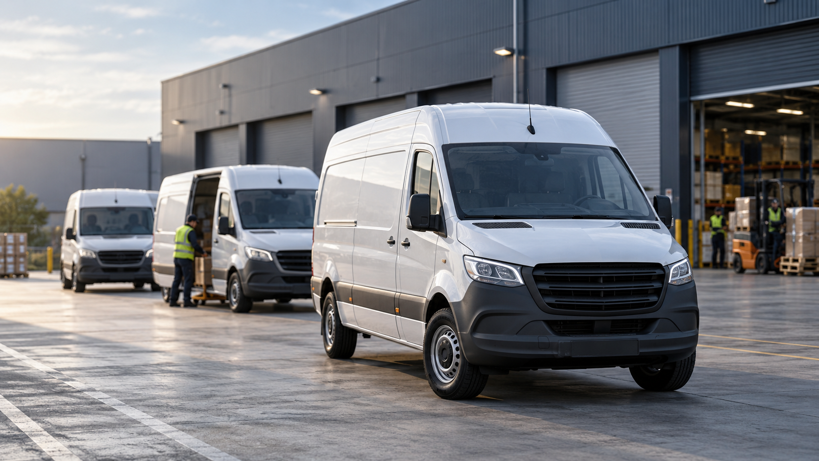 Delivery vans at a distribution depot