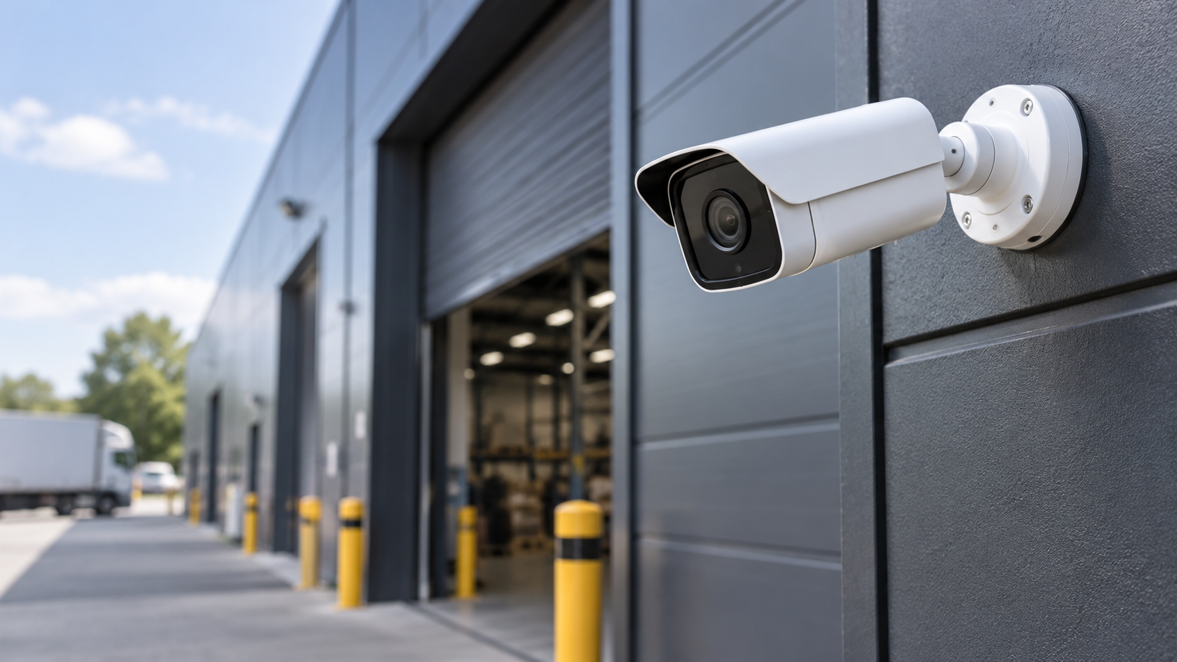 CCTV camera overlooking a commercial building entrance